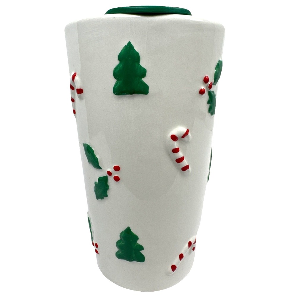 Sunday Morning Ceramics 18oz Hand Painted Ceramic Travel  Mug Candy Cane Holly